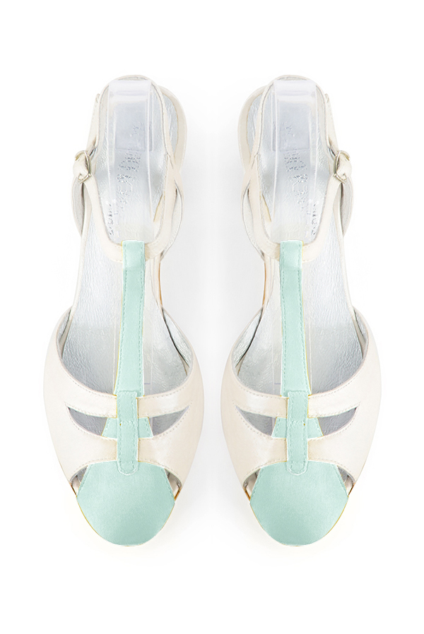 Aquamarine blue and off white women's open back T-strap shoes. Round toe. High block heels. Top view - Florence KOOIJMAN